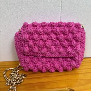 Pink Knit Handmade Crochet Shoulder Hand Bag Small Purse Gold Chain‎ Strap